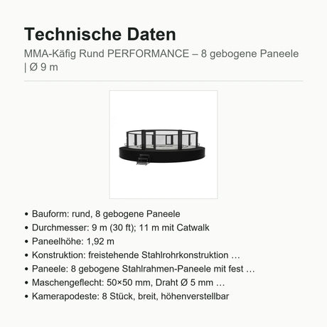 Technische Daten runder MMA-Käfig PERFORMANCE: Ø 9 m, 8 gebogene Paneele à 1,92 m