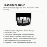 Technische Daten MMA-Wettkampfkäfig Ø 9 m auf 9-m-Podium: Paneelhöhe 1,93 m, Puzzlematte 5 cm