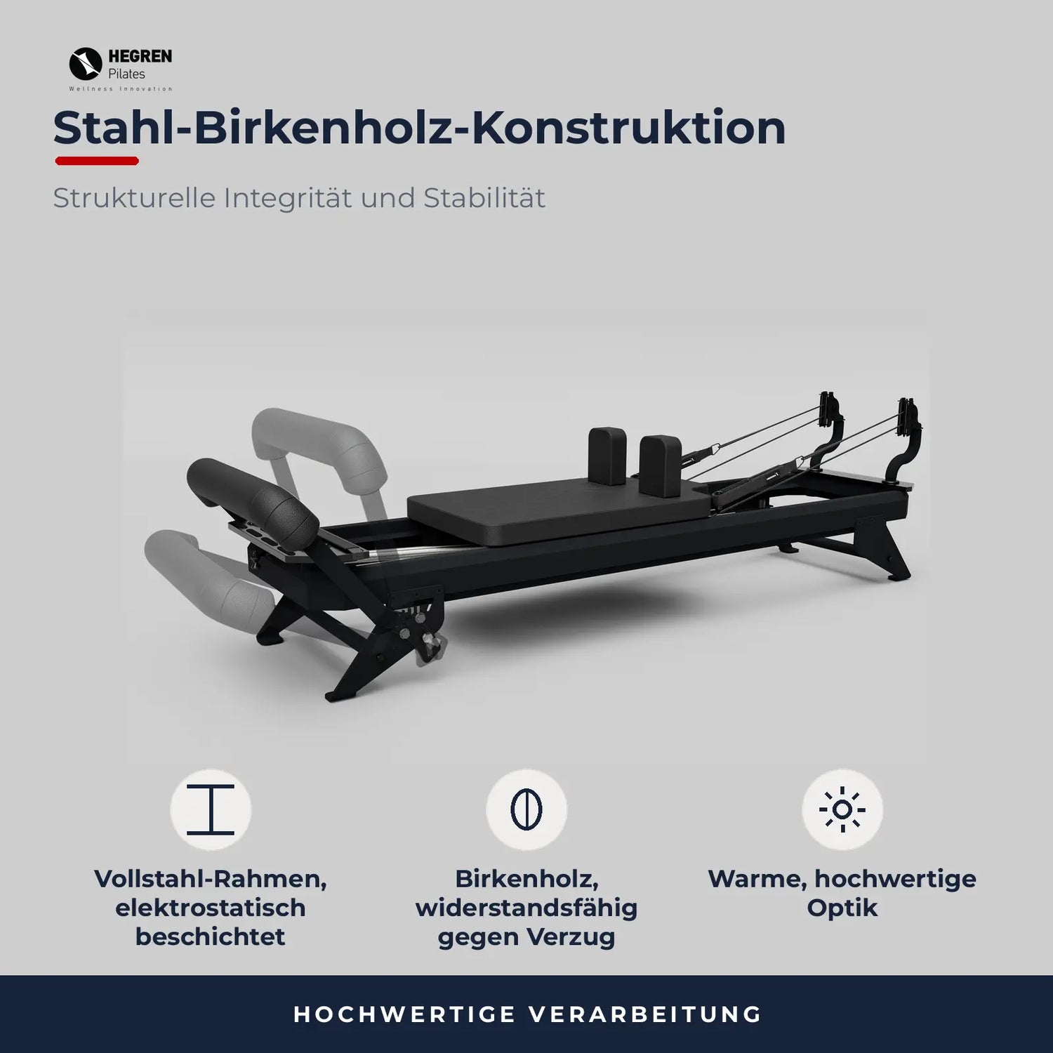 Hegren Talma 62 Pilates Reformer in Schwarz mit Vollstahlrahmen, elektrostatisch beschichtet, freigestellt auf weißem Hintergrund