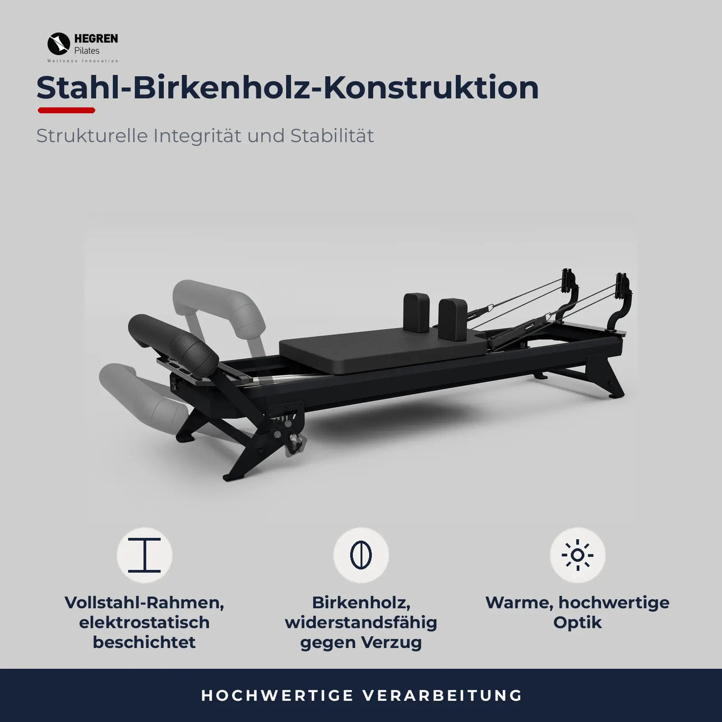 Hegren Talma 62 Pilates Reformer in Schwarz mit Vollstahlrahmen, elektrostatisch beschichtet, freigestellt auf weißem Hintergrund