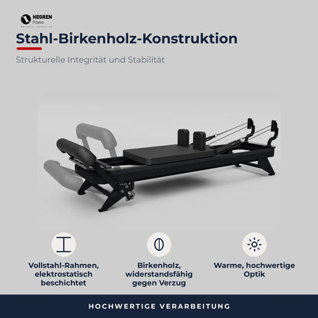 Hegren Talma 62 Reformer in Schwarz, Konstruktion aus Stahlrahmen und Birkenholz
