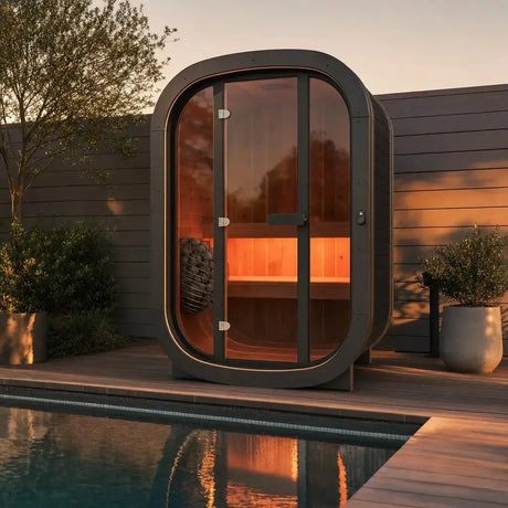 Private Escape Außensauna am Pool bei Abendlicht