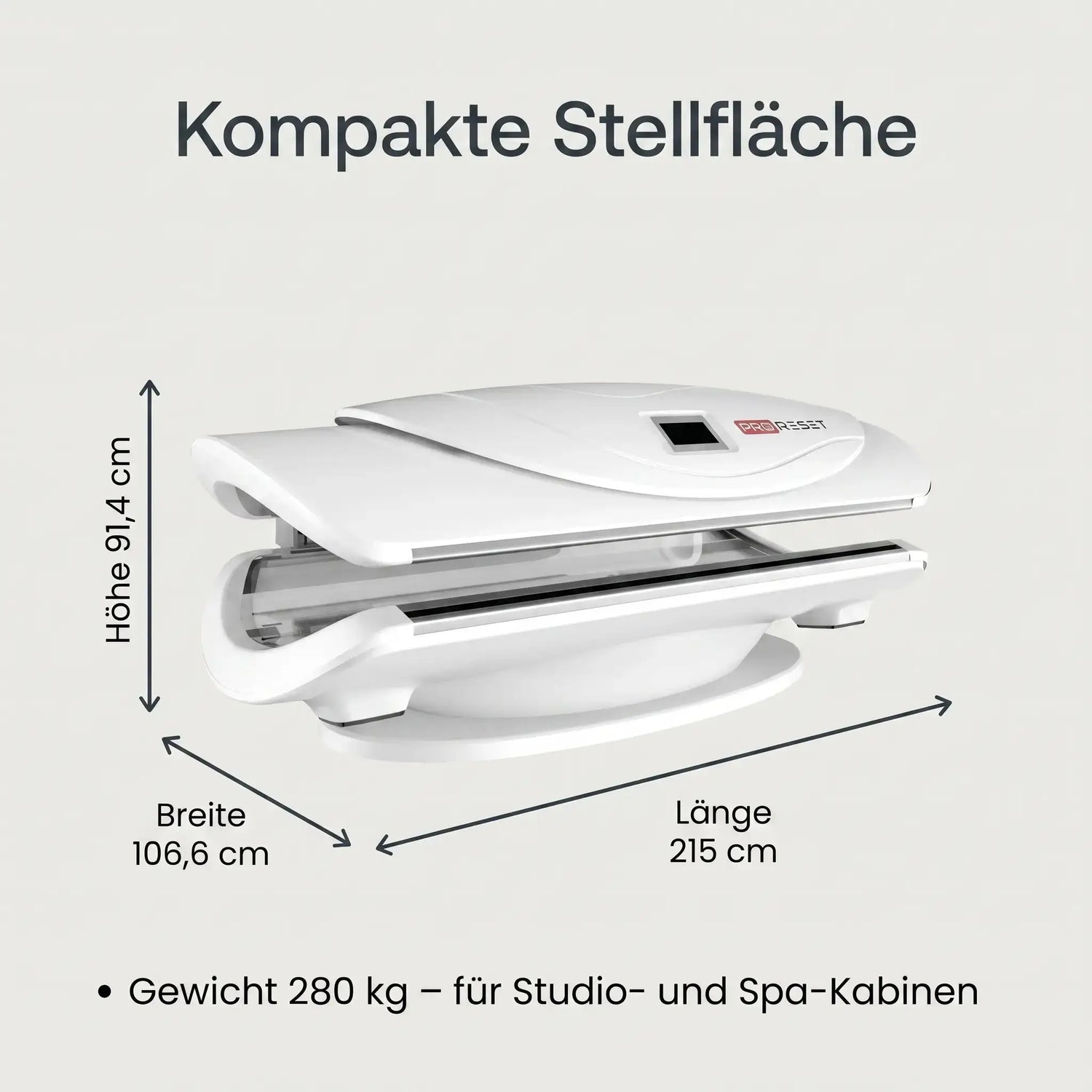ProReset AuraLight Abmessungen – 215 × 106,6 × 91,4 cm, 280 kg Stellfläche