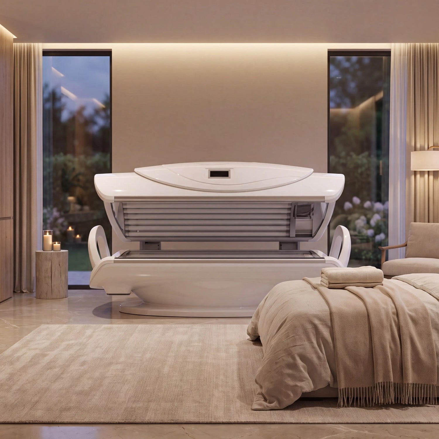 Letto per terapia con luce rossa ProReset AuraLight in una lussuosa suite spa con una calda illuminazione d'ambiente