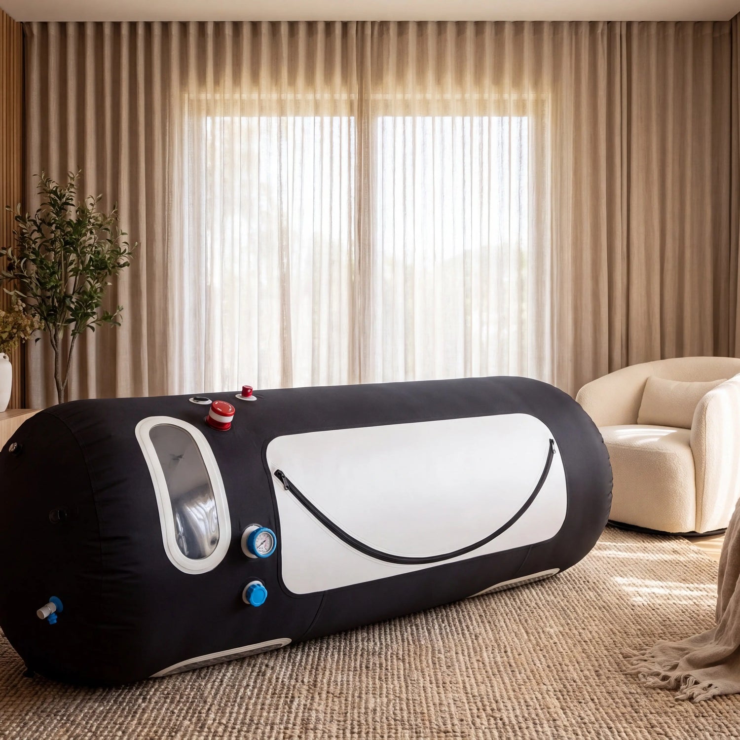 Chambre hyperbare à oxygène ProReset Flow 80 installée dans un espace bien-être moderne à domicile, baigné d'une lumière chaude et naturelle