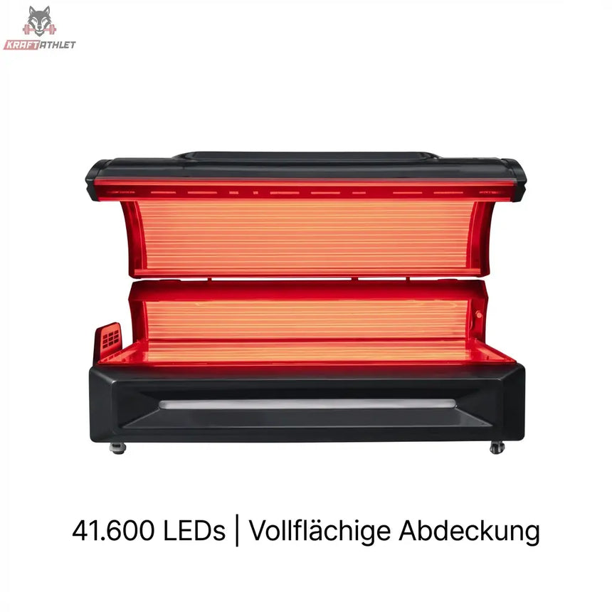 Red and black light therapy device with 41,600 LEDs on a white background