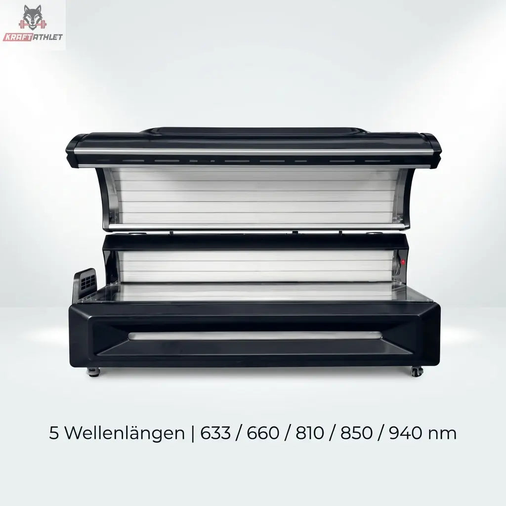 Black tanning bed with open lid on a white background