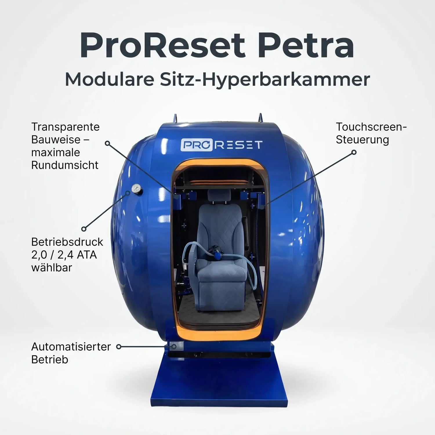ProReset Petra Modular Seating Hyperbaric Chamber – Transparent Design, 2.0/2.4 ATA, Touchscreen