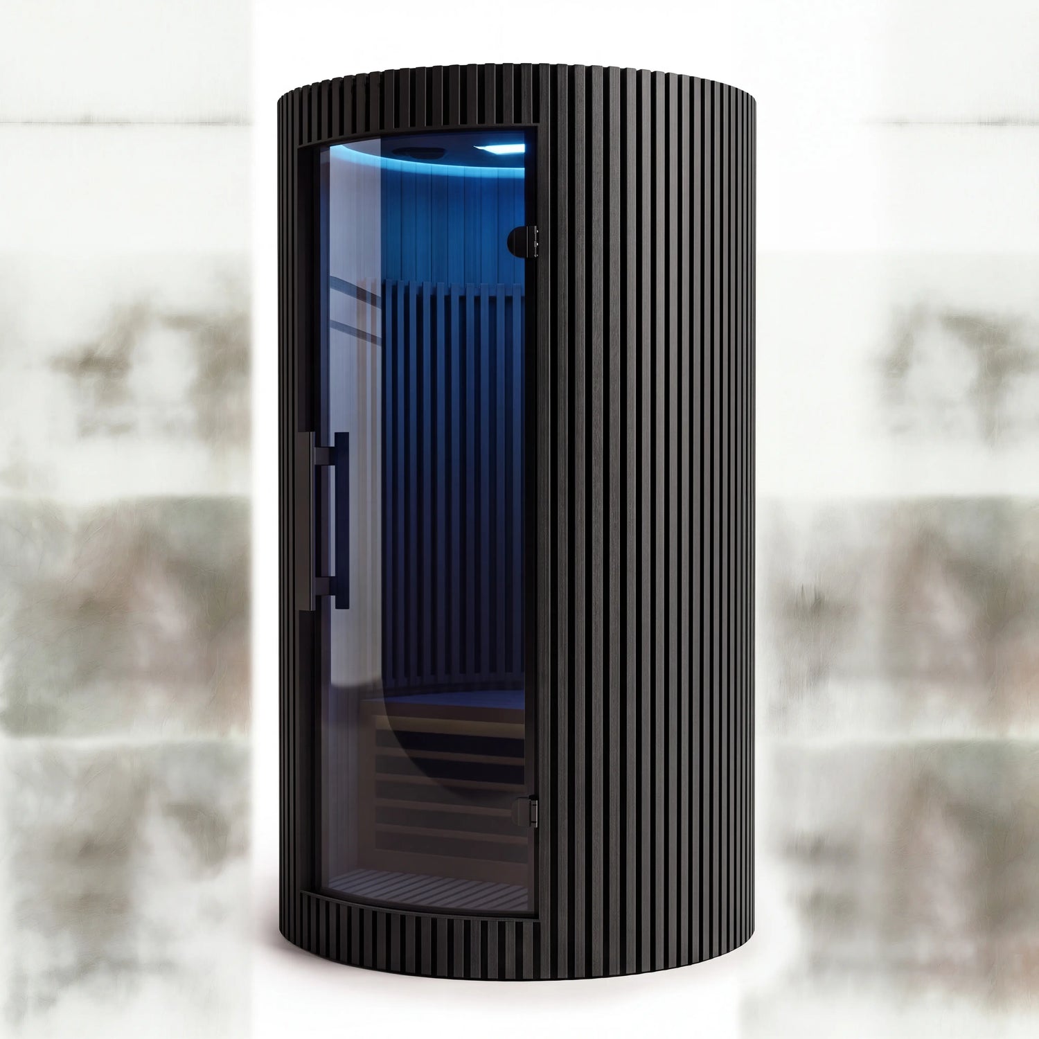 Sanctuary Solo Infrarot-Sauna für eine Person – runde schwarze Lamellen-Kabine mit gebogener Glastür und blauem Innenlicht, freigestellt vor hellem Studiohintergrund
