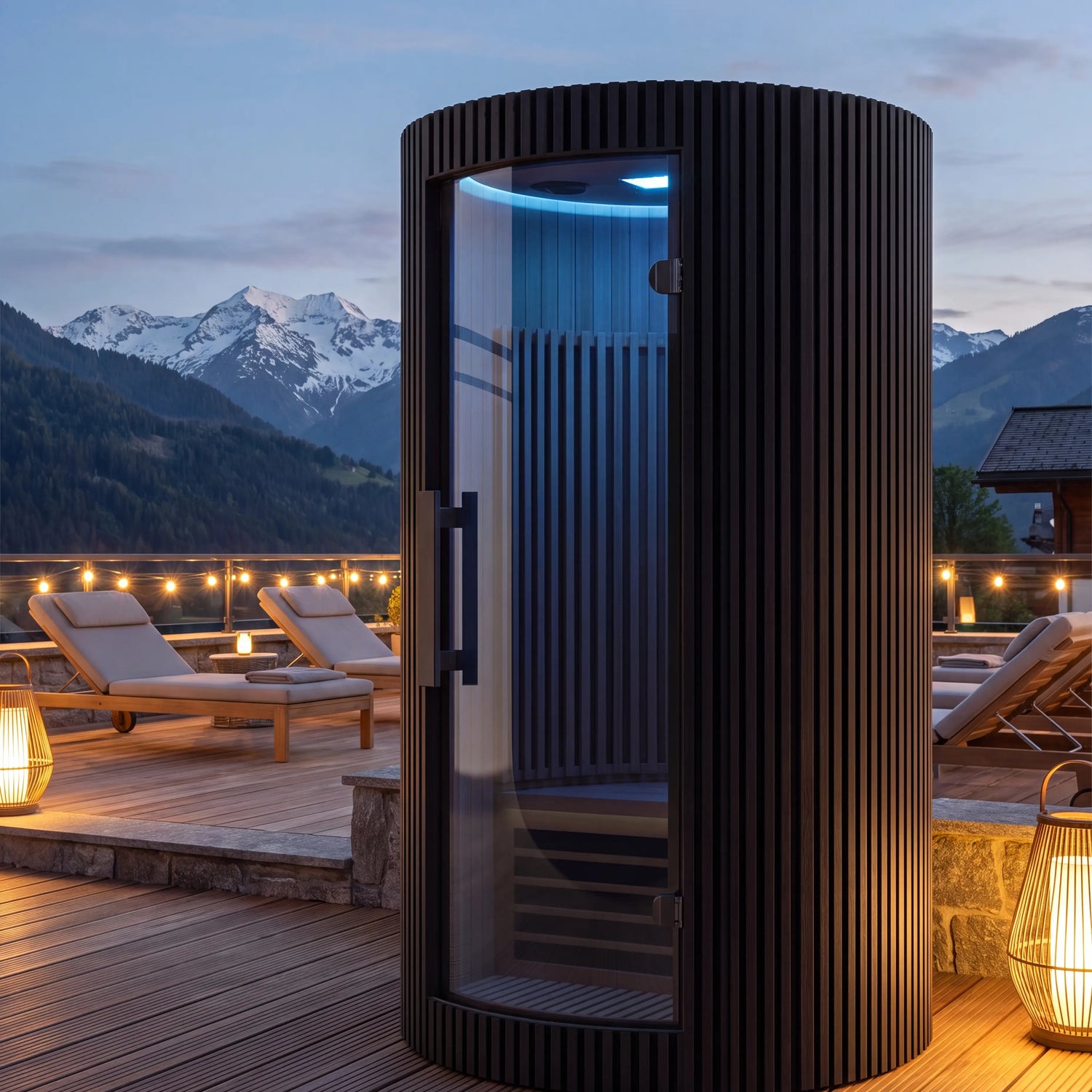Sanctuary Solo Infrarot-Sauna auf einer luxuriösen Hotel-Spa-Terrasse in der Abenddämmerung mit Alpenpanorama