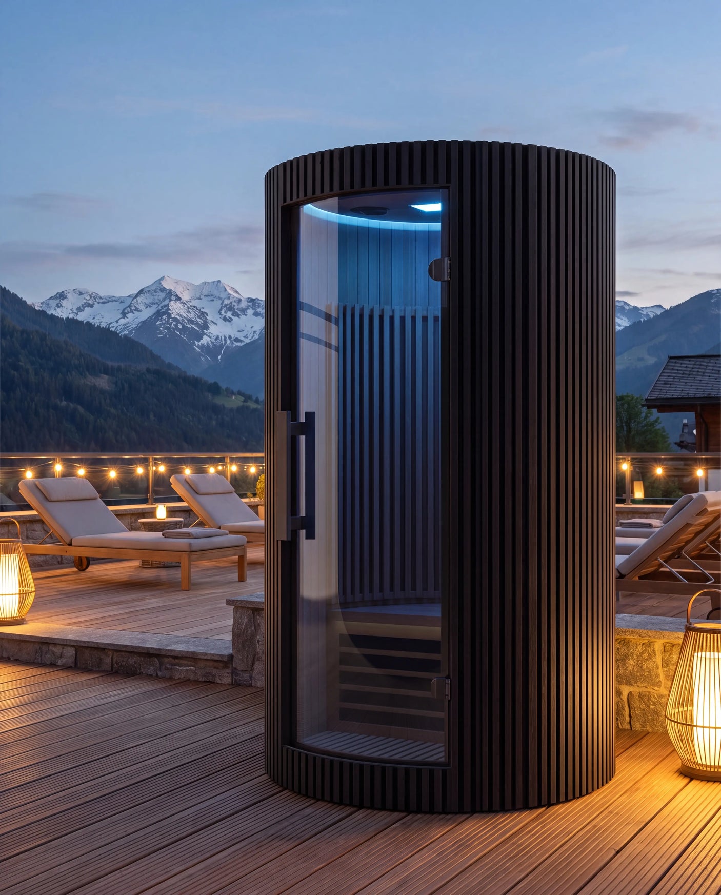Sanctuary Solo Infrarot-Sauna auf einer luxuriösen Hotel-Spa-Terrasse in der Abenddämmerung mit Alpenpanorama