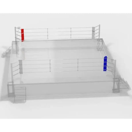 SportCom Eckpolster-Set für Boxringe mit 3 Seilen am Boxring in Übersicht mit roter und blauer Ecke