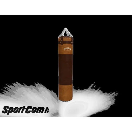 SportCom Vintage-Sandsack Echtleder 1,80 m als Produktbild in braunem Leder vor schwarzem Hintergrund