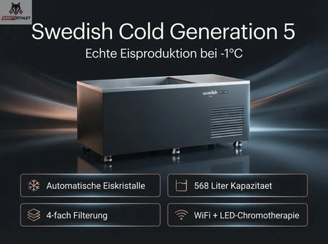 Swedish Cold Generation 5 ice production machine with features listed on a dark background