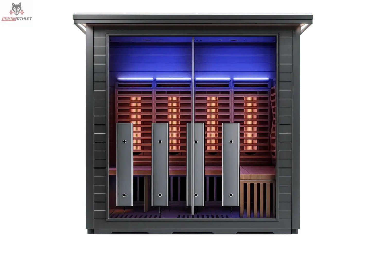 Infrared sauna with blue interior light on a white background