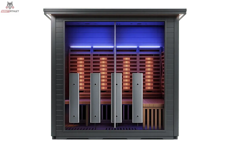 Infrared sauna with blue interior light on a white background