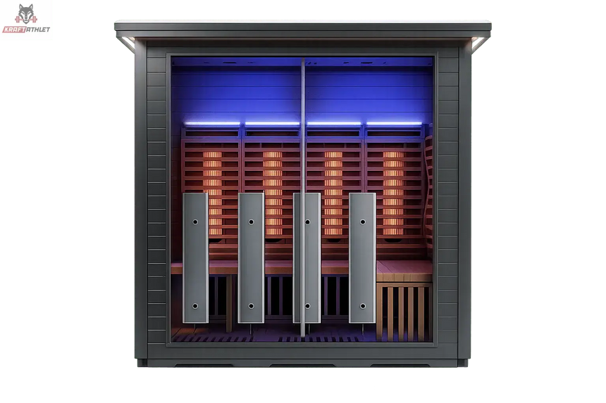 Infrared sauna with blue interior light on a white background