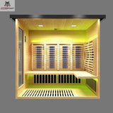 Infrared sauna with wooden benches and LED lighting on a gray background