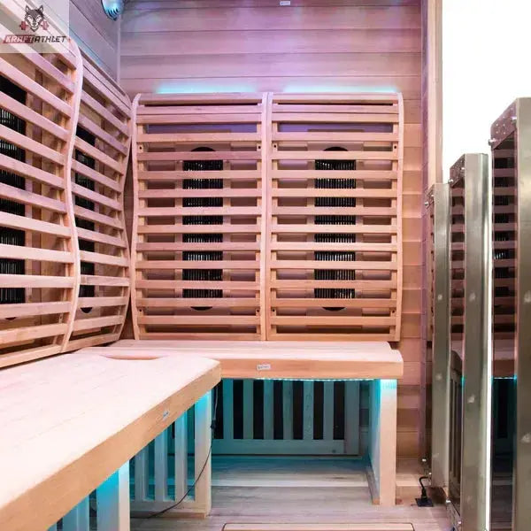 Infrared sauna with wooden benches and LED lighting