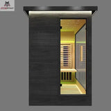 Infrared sauna with wooden benches and a glass door, featuring the brand 'Koopathlet'.