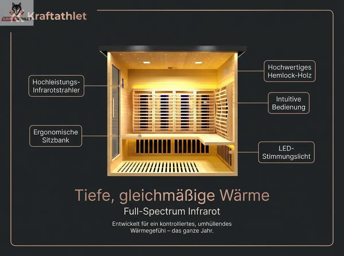 Infrared sauna with features highlighted on a black background