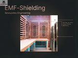EMF-shielding room with wooden panels and text about conscious engineering.