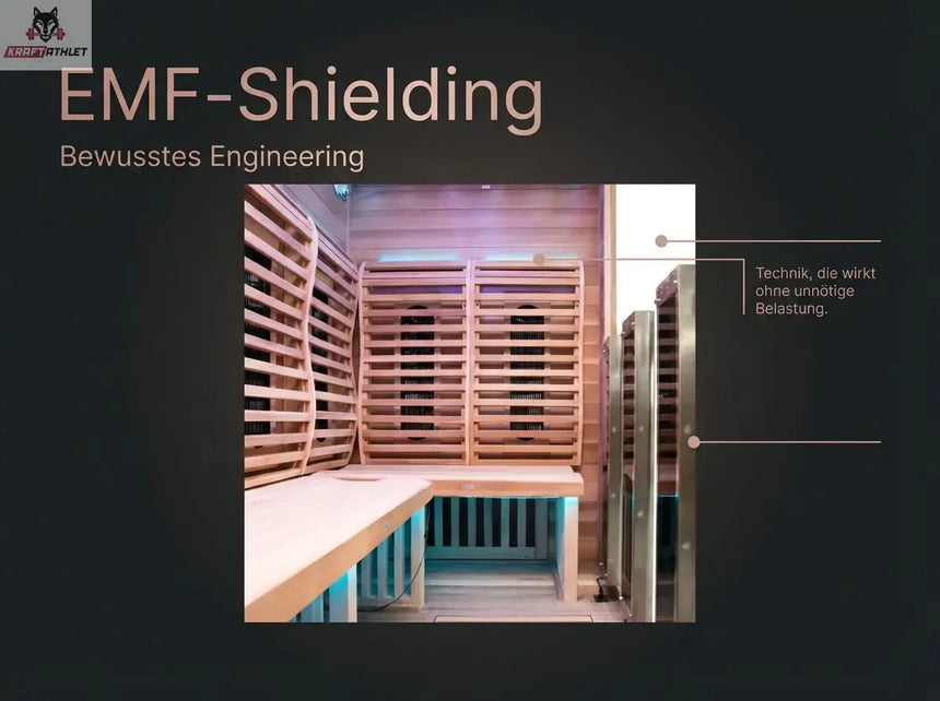 EMF-shielding room with wooden panels and text about conscious engineering.