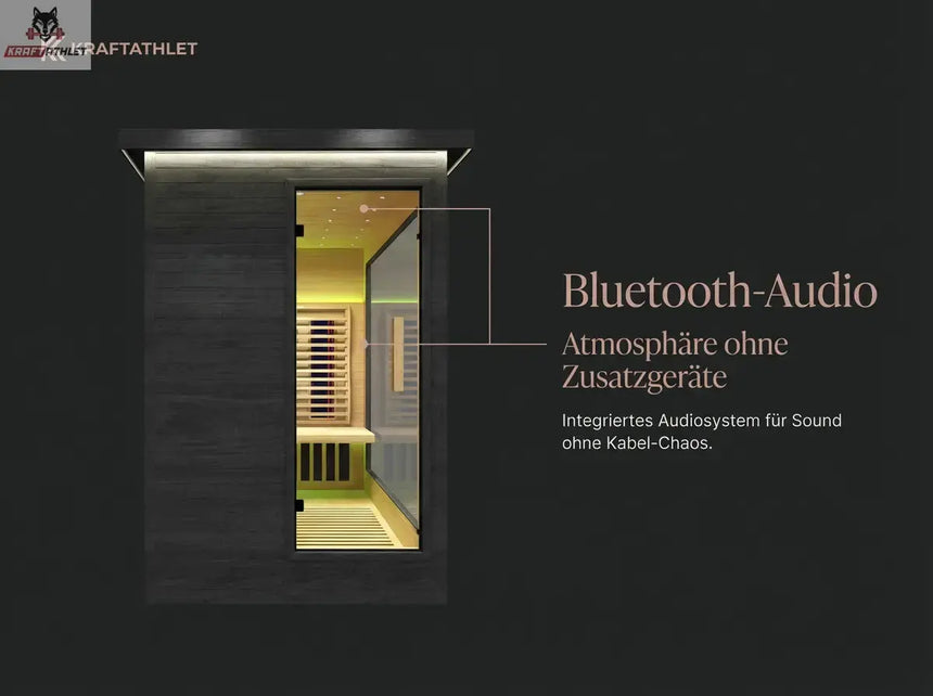 Infrared sauna with Bluetooth audio system on a dark background