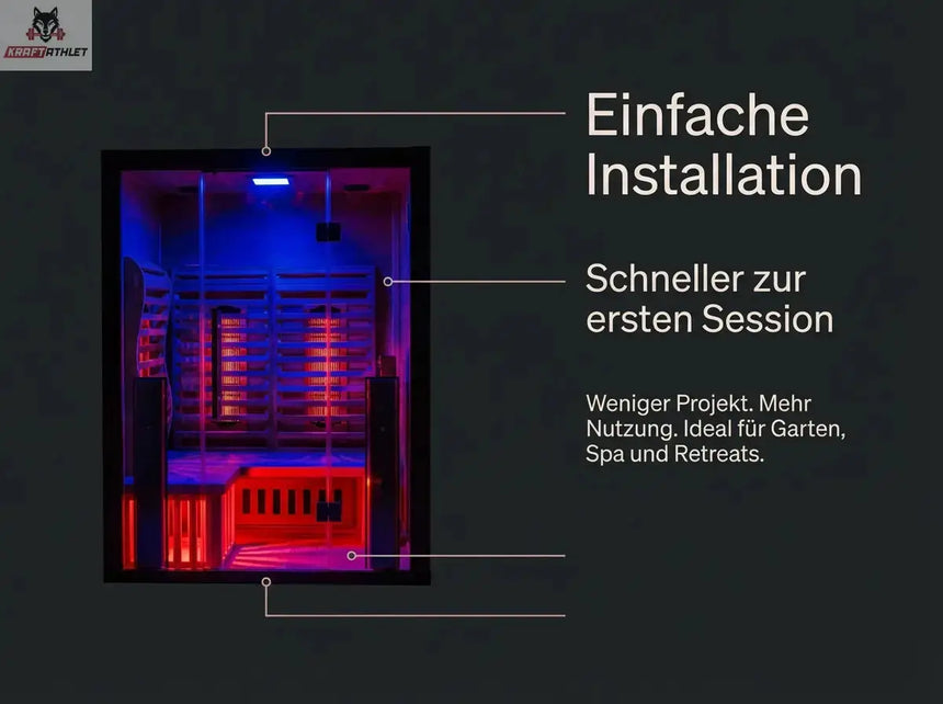 Infrared sauna with text on installation and benefits on a dark background