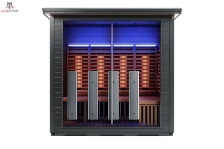 Infrared sauna with blue interior light on a white background