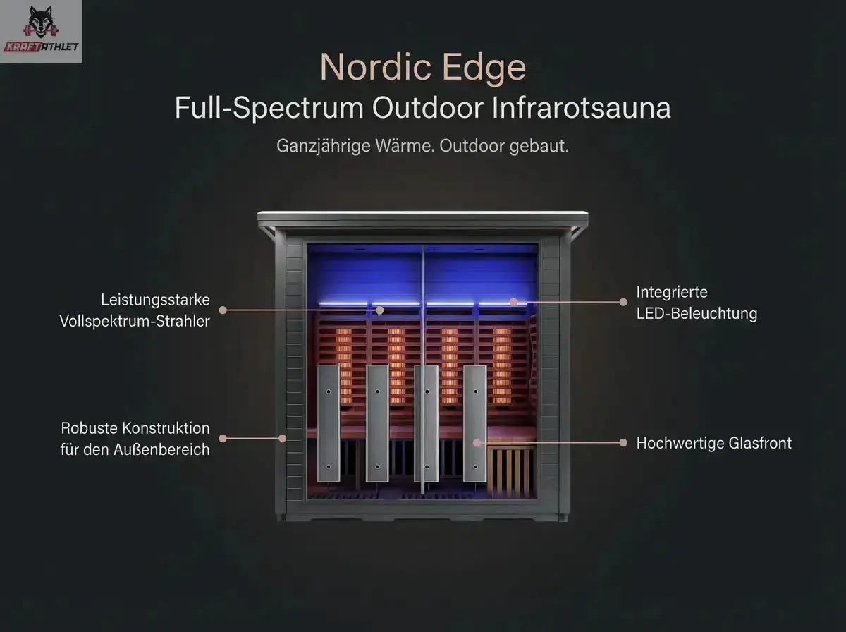 Nordic Edge Full-Spectrum Outdoor Infrarotsauna with features highlighted on a dark background