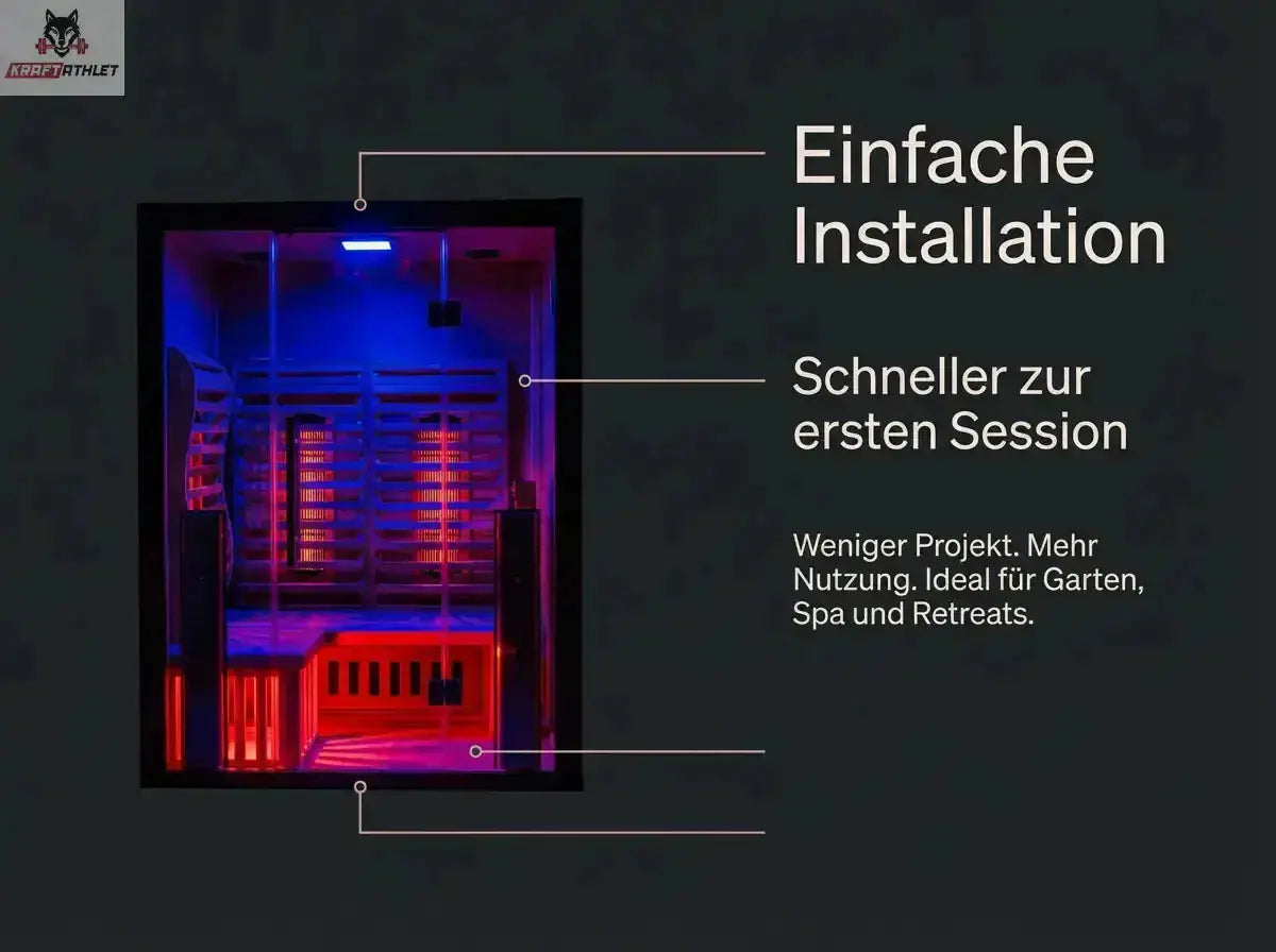 Infrared sauna with text on installation and benefits on a dark background