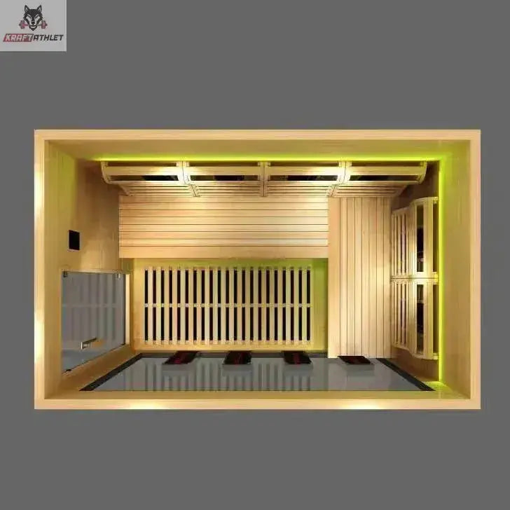 Wooden sauna with green interior lighting on a gray background
