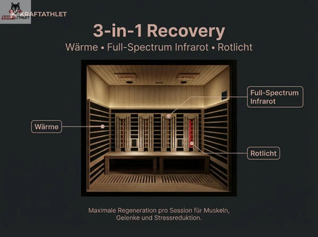 Infrared sauna with labeled sections for warmth, full-spectrum infrared, and red light, branded 'Kraftathlet'.
