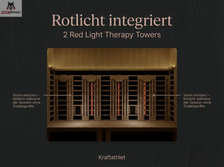 Two red light therapy towers with text on a dark background