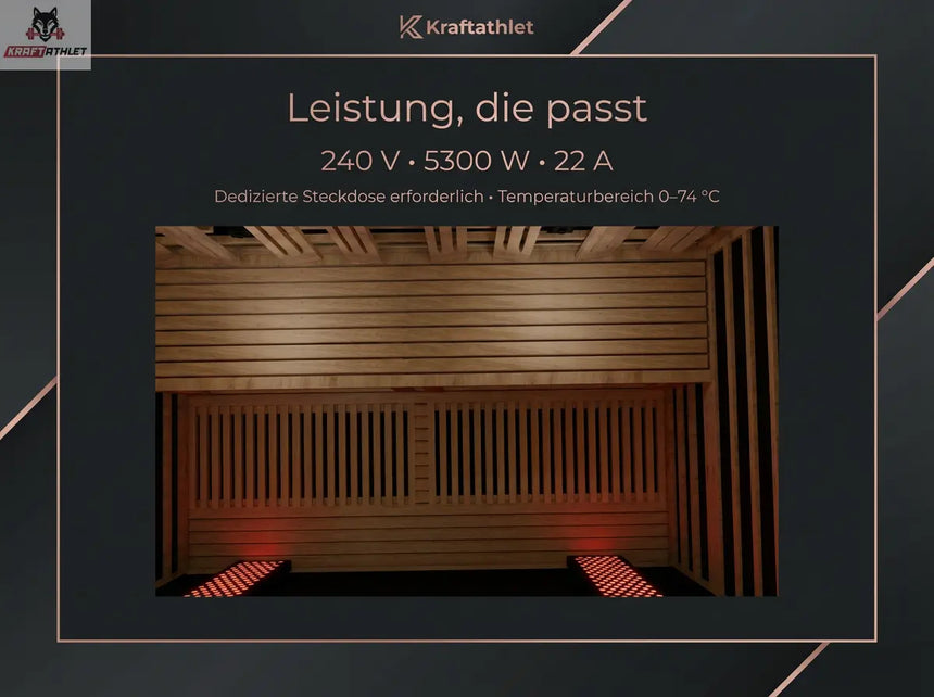 Wooden sauna with red lights on a dark background, featuring Kraftathlet branding.