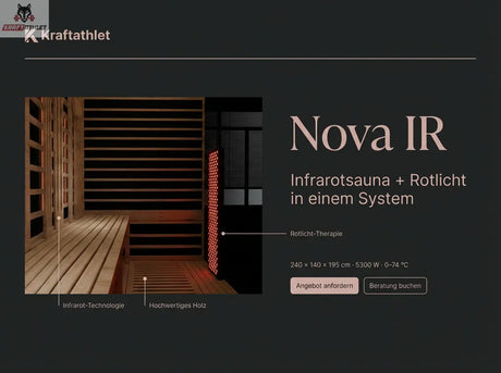 Advertisement for Kraftathlet Nova IR infrared sauna with red light, showing sauna interior and text.