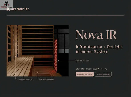 Advertisement for Kraftathlet Nova IR infrared sauna with red light, showing sauna interior and text.