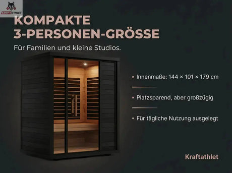 Compact sauna with dimensions and features on a dark background