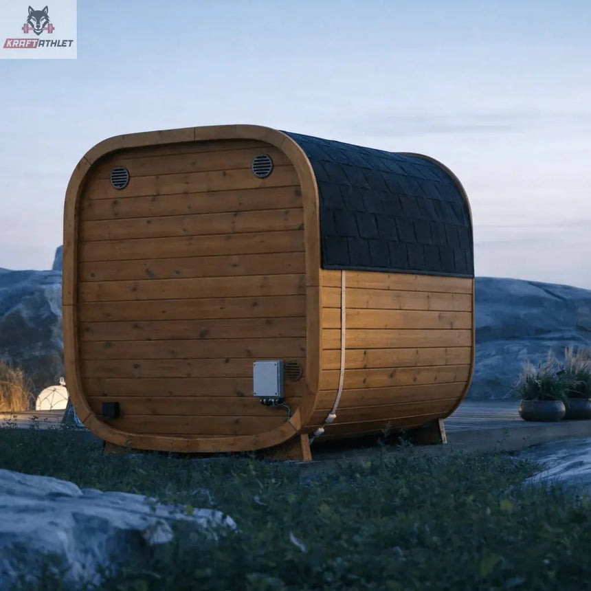 Wooden sauna pod in a natural setting with mountains in the background