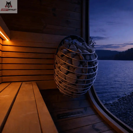 Sauna interior with a view of a lake at night