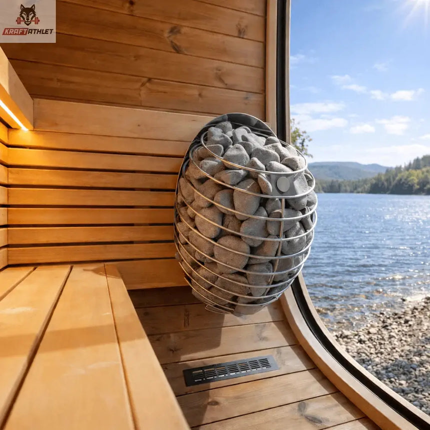 Wooden sauna interior with a basket of stones by a window overlooking a lake.