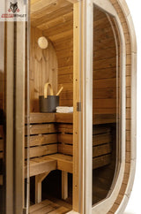 Wooden sauna with benches and a pot, featuring the Kufor Thule brand.