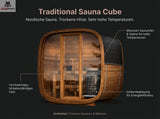 Wooden sauna cube with text detailing features on a dark background