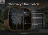 Wooden sauna with Thermory Thermoholz branding and features listed.