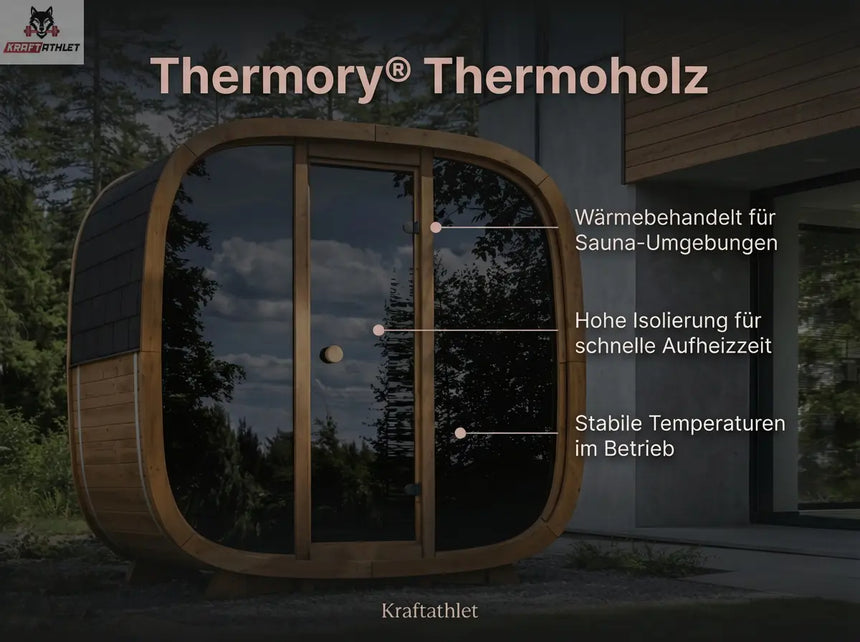 Wooden sauna with Thermory Thermoholz branding and features listed.