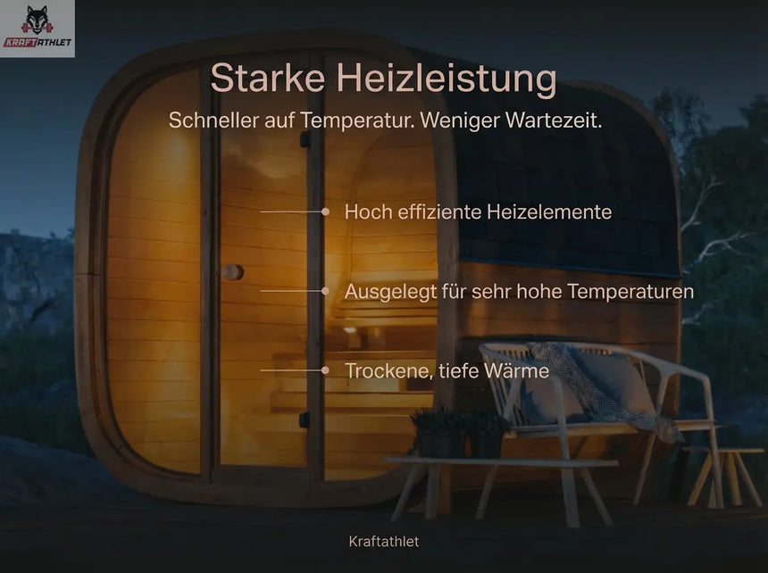 Wooden outdoor sauna with text about heating performance in German