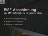Text about EMF shielding technology on a dark textured background