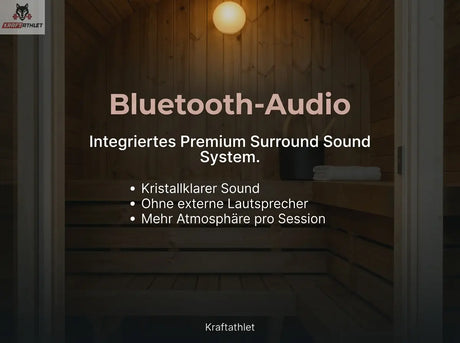 Wooden sauna interior with Bluetooth audio system text overlay
