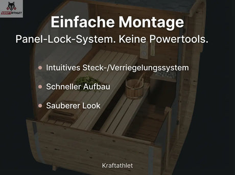 Wooden storage unit with panel-lock system and text about assembly ease and features.